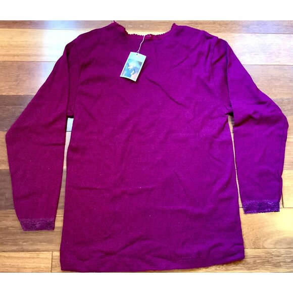 Maroon Lace Trim V-Neck Blouse Top NIP Small, Stretch Knit, Long Sleeves - Picture 5 of 7